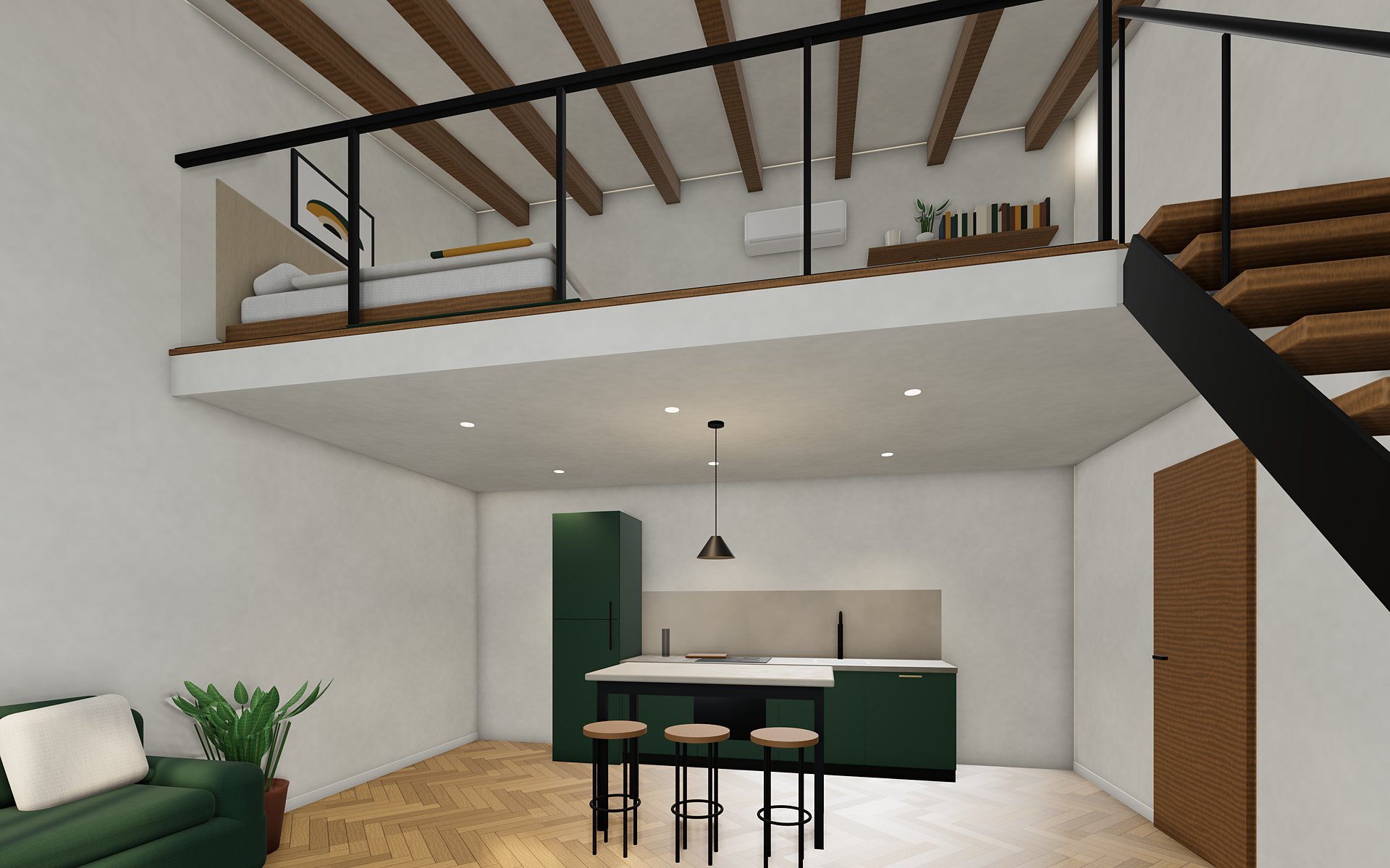 Render del salón a doble altura de un dúplex