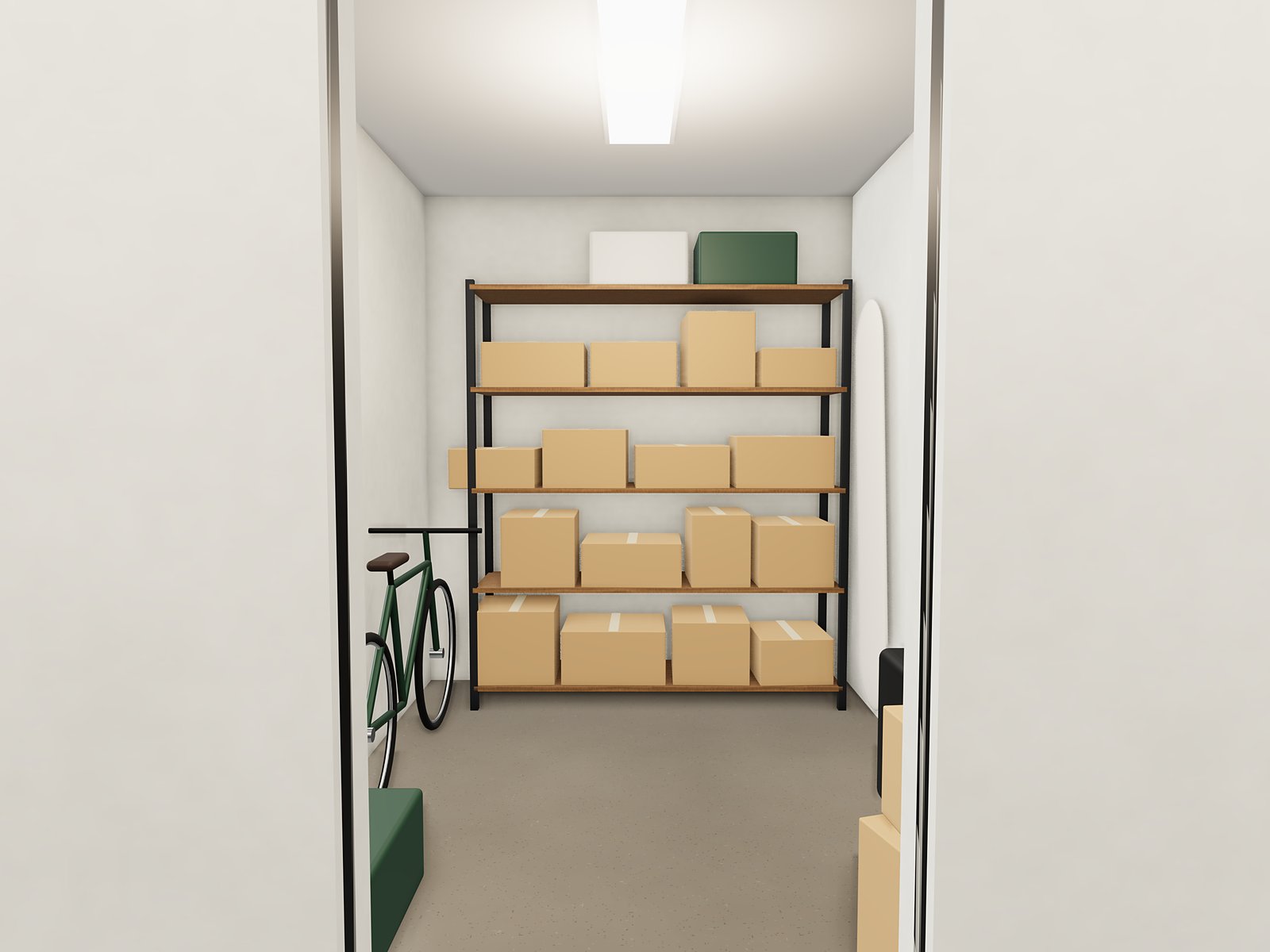 Render del interior de un trastero con estanterías
