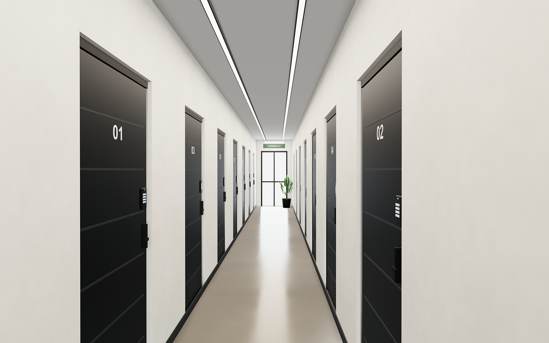 Render del pasillo de trasteros con puertas numeradas y cerraduras digitales